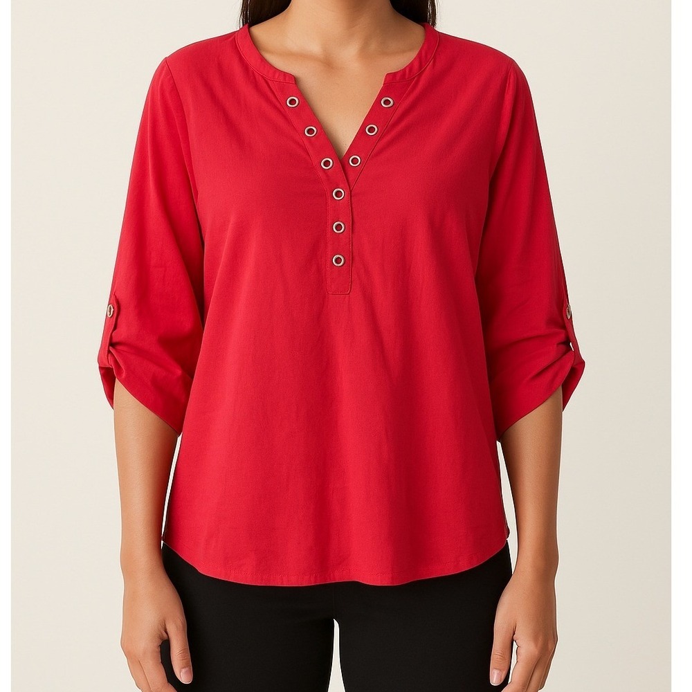 Chico's Red 3/4 Sleeve Grommet Detail Tunic Top‎ Women's Size 0